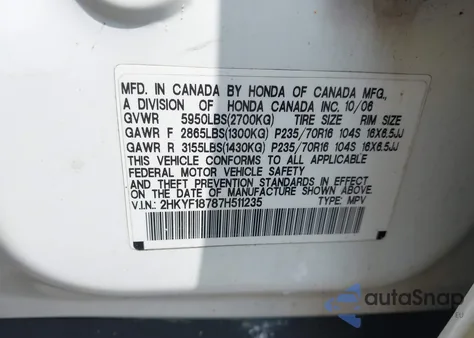 2007 Honda Pilot Ex-L z USA, uszkodzony, nr VIN 2HKYF18787H511235